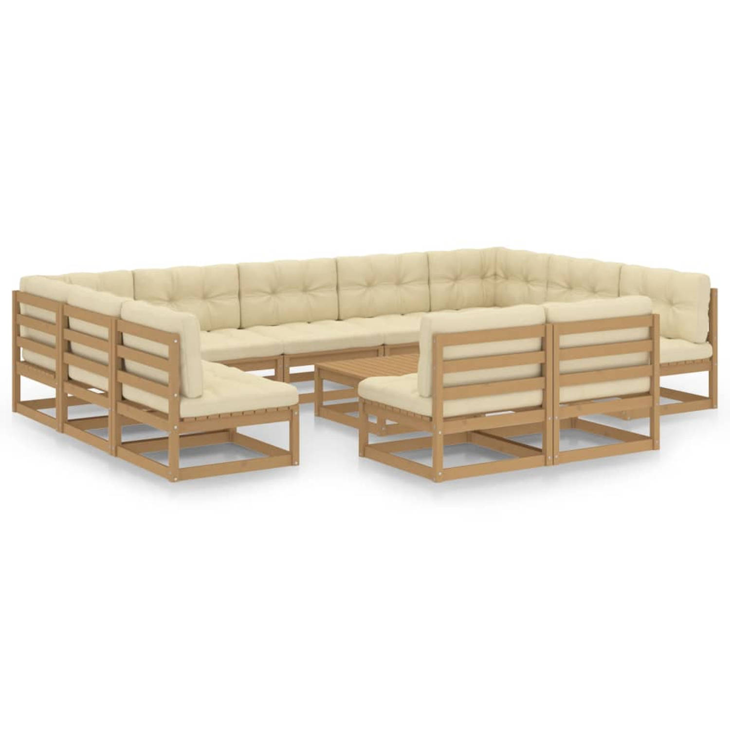 The Living Store Loungeset Grenenhout Tuinmeubelen - 70x70x67 cm - Honingbruin - Crème - Polyester
