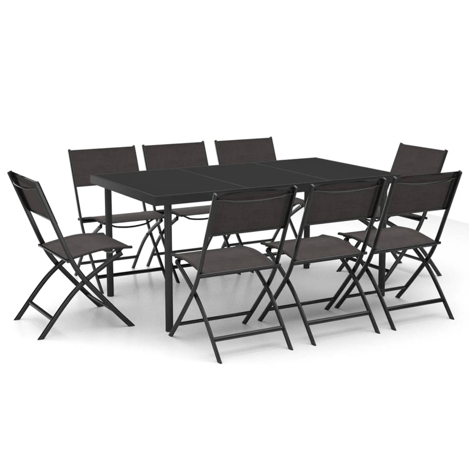 The Living Store Tuinset - Antraciet - Glas - Gepoedercoat Staal - 150x90x74 cm - Stapelbaar - 1 tafel - 8 stoelen