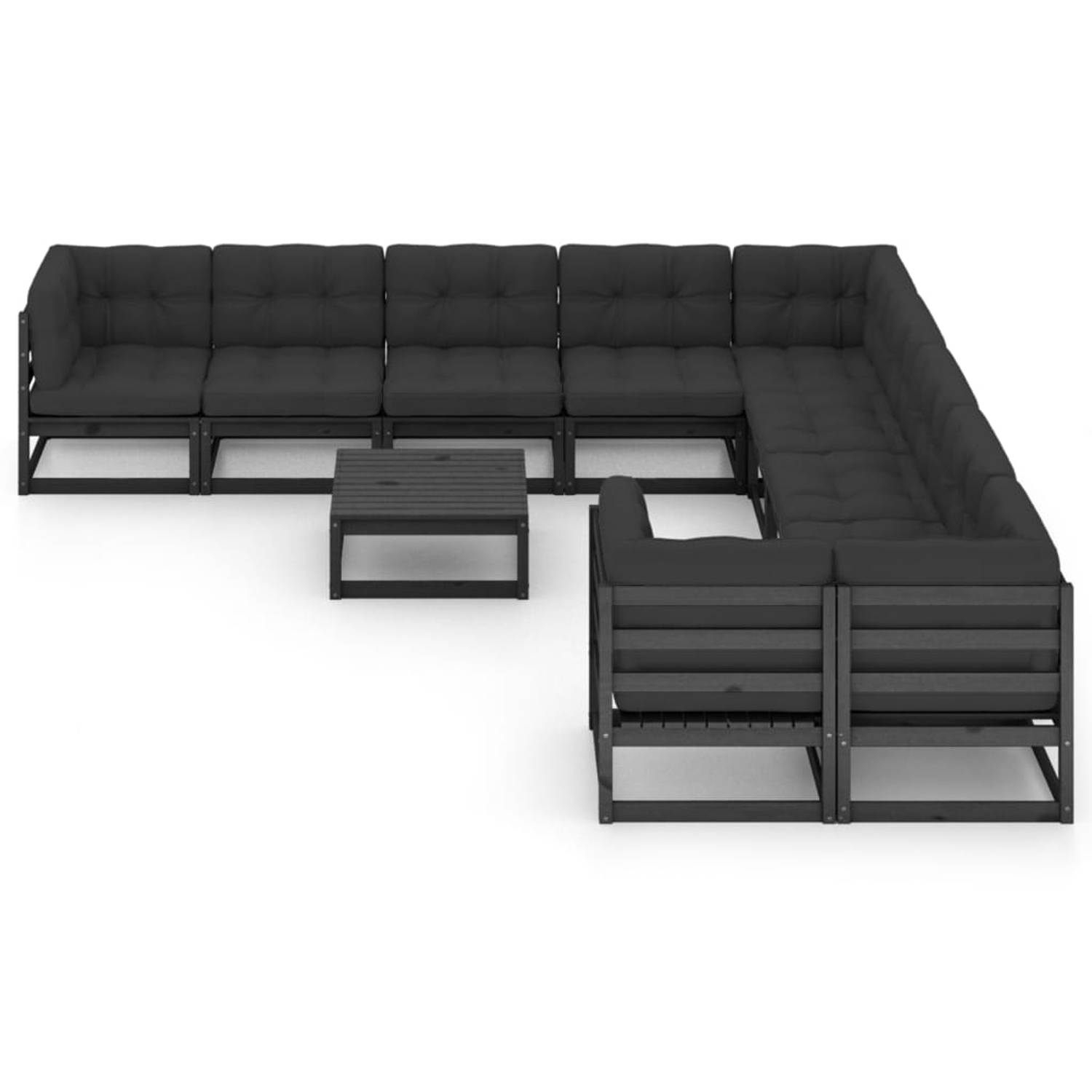 The Living Store 11-delige Loungeset met kussens massief grenenhout zwart - Tuinset