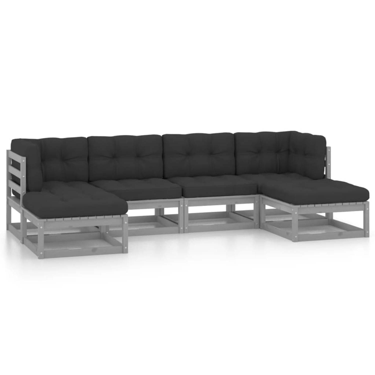 The Living Store 6-delige Loungeset met kussens massief grenenhout grijs - Tuinset