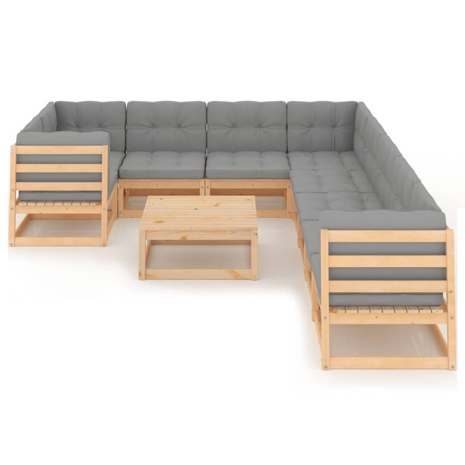 The Living Store Grenenhouten Loungeset - Hoekbank - Middenbank - Tafel - Grijs - 70x70x67cm - 100% polyester