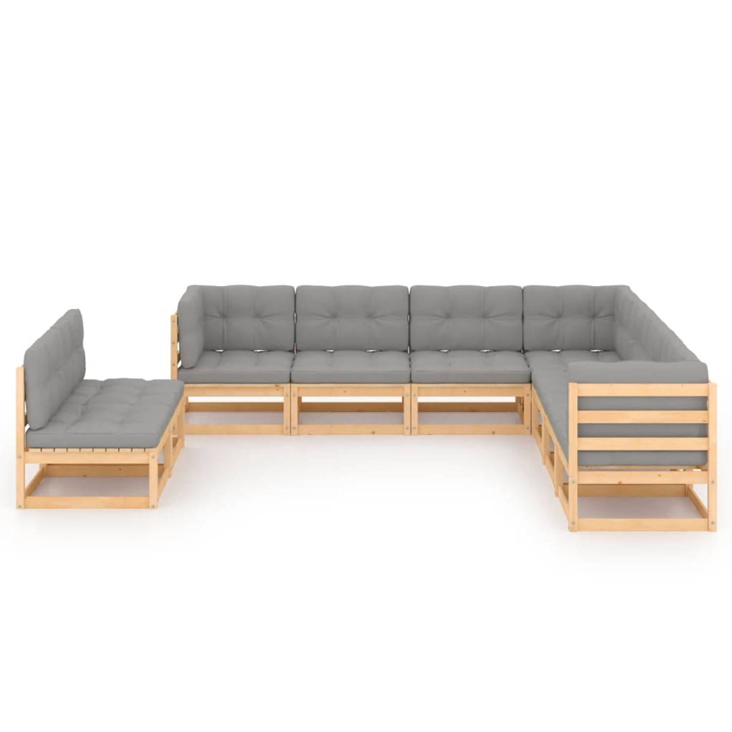 The Living Store Loungeset Grenenhout - Hoekbank - Middenbank - Grijs - 70 x 70 x 67 cm - Inclusief kussens