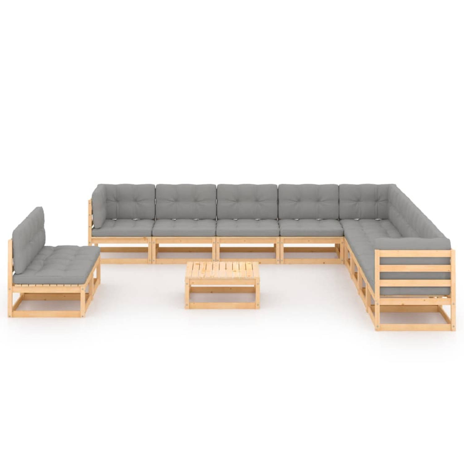 The Living Store Grenenhouten Lounge Tuinset - Hoekbanken - Middenbanken - Tafel - Afmetingen- 70 x 70 x 67 cm (B x D x H) - Kleur kussen- Grijs