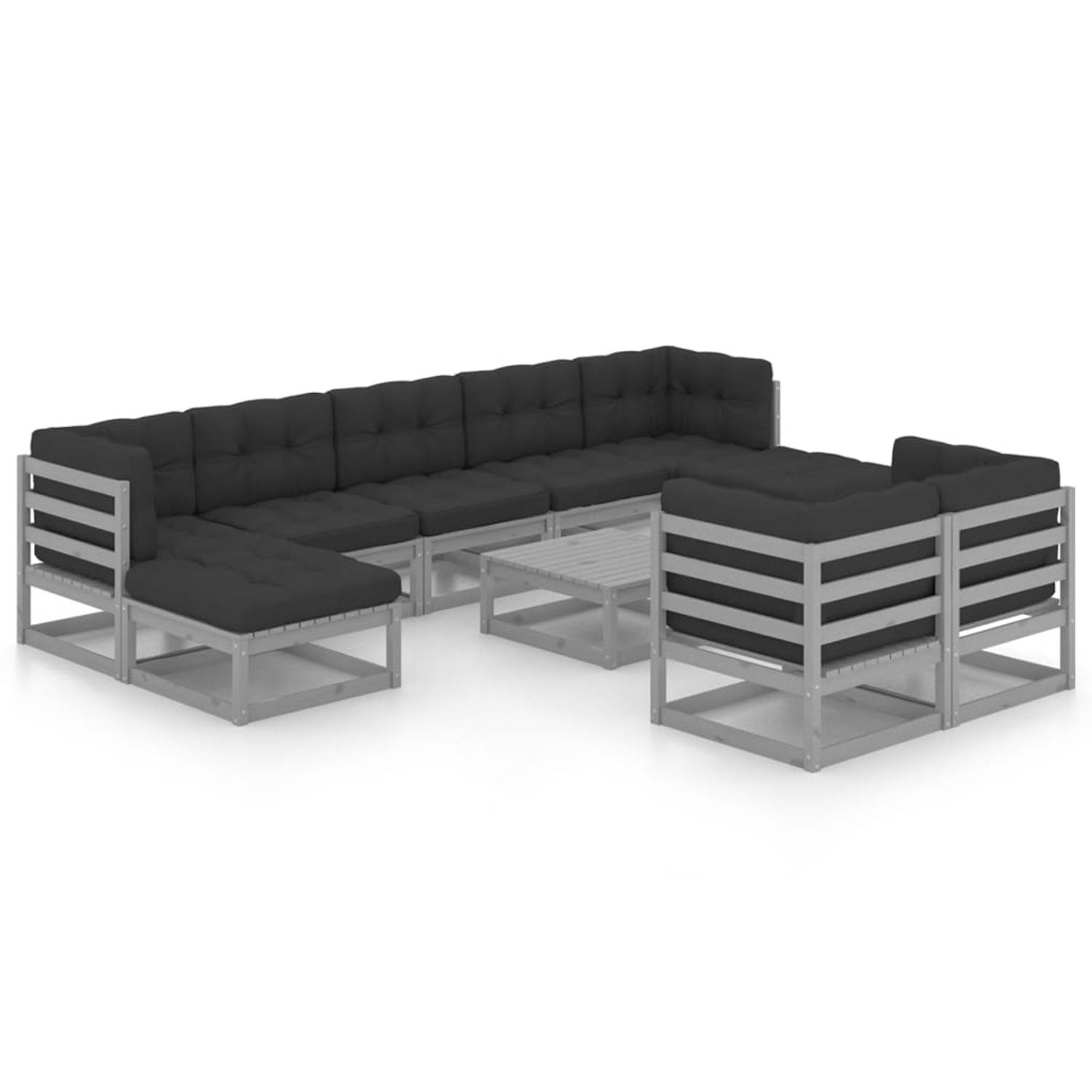 The Living Store Loungeset Grenenhout - Grijs - 4x hoekbank - 3x middenbank - 1x tafel - 2x voetenbank - 70x70x67 cm - 100% polyester