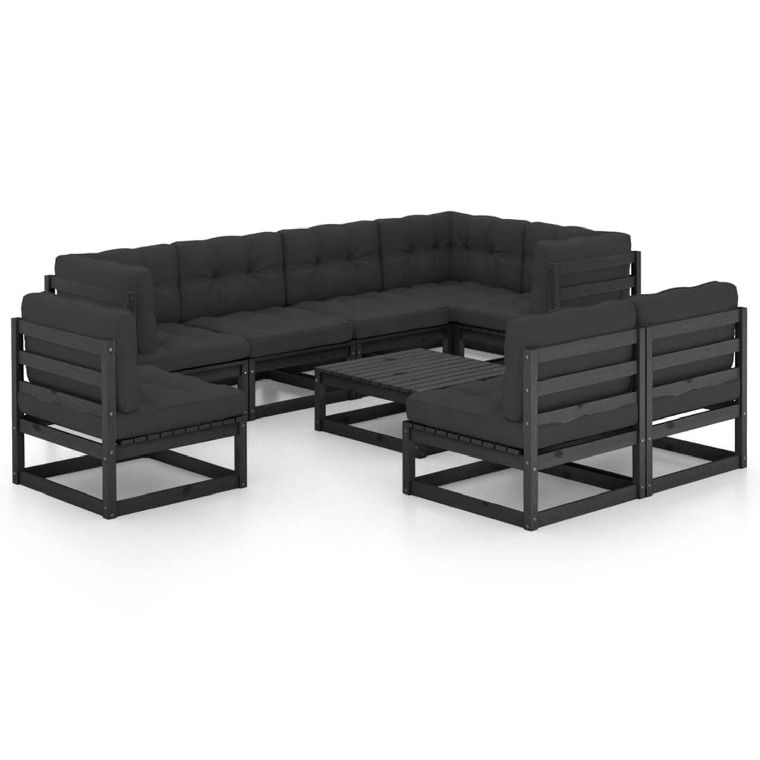 The Living Store Loungeset Grenenhout - Zwart - 71x71x67 cm - Inclusief Kussens