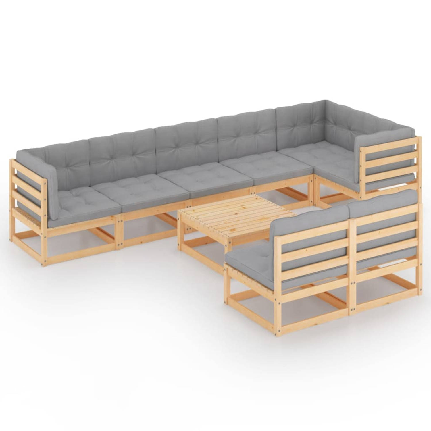 The Living Store Lounge set - Grenenhout - Grijs - 5x middenbank + 3x hoekbank + 1x tafel + 8x zitkussen + 11x rug/zijkussen