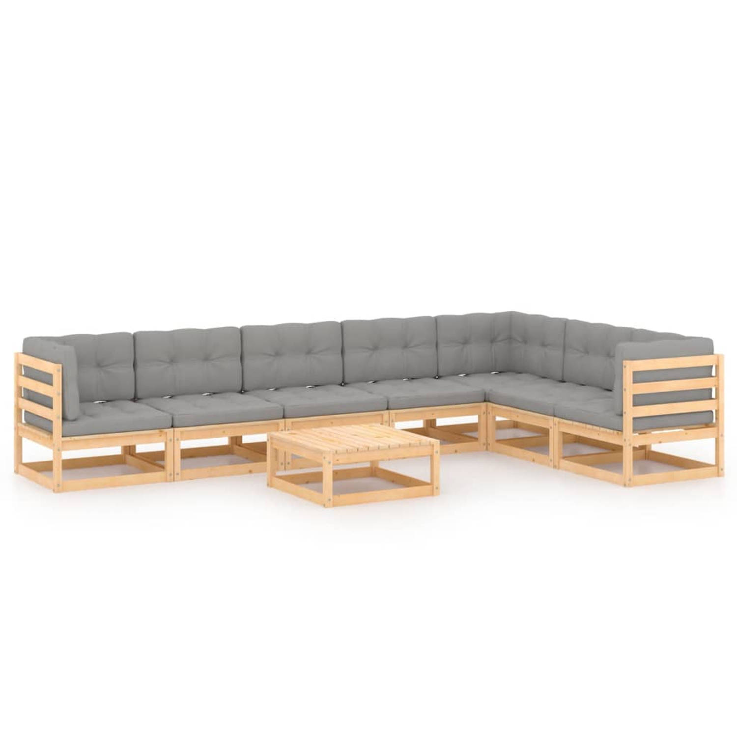 The Living Store Tuinmeubelen - Lounge set - Grenenhout - Grijs kussen - 70 x 70 x 67 cm - Hoekbank + Middenbank + Tafel - Montage vereist - 7 zitkussens - 10 rugkussens