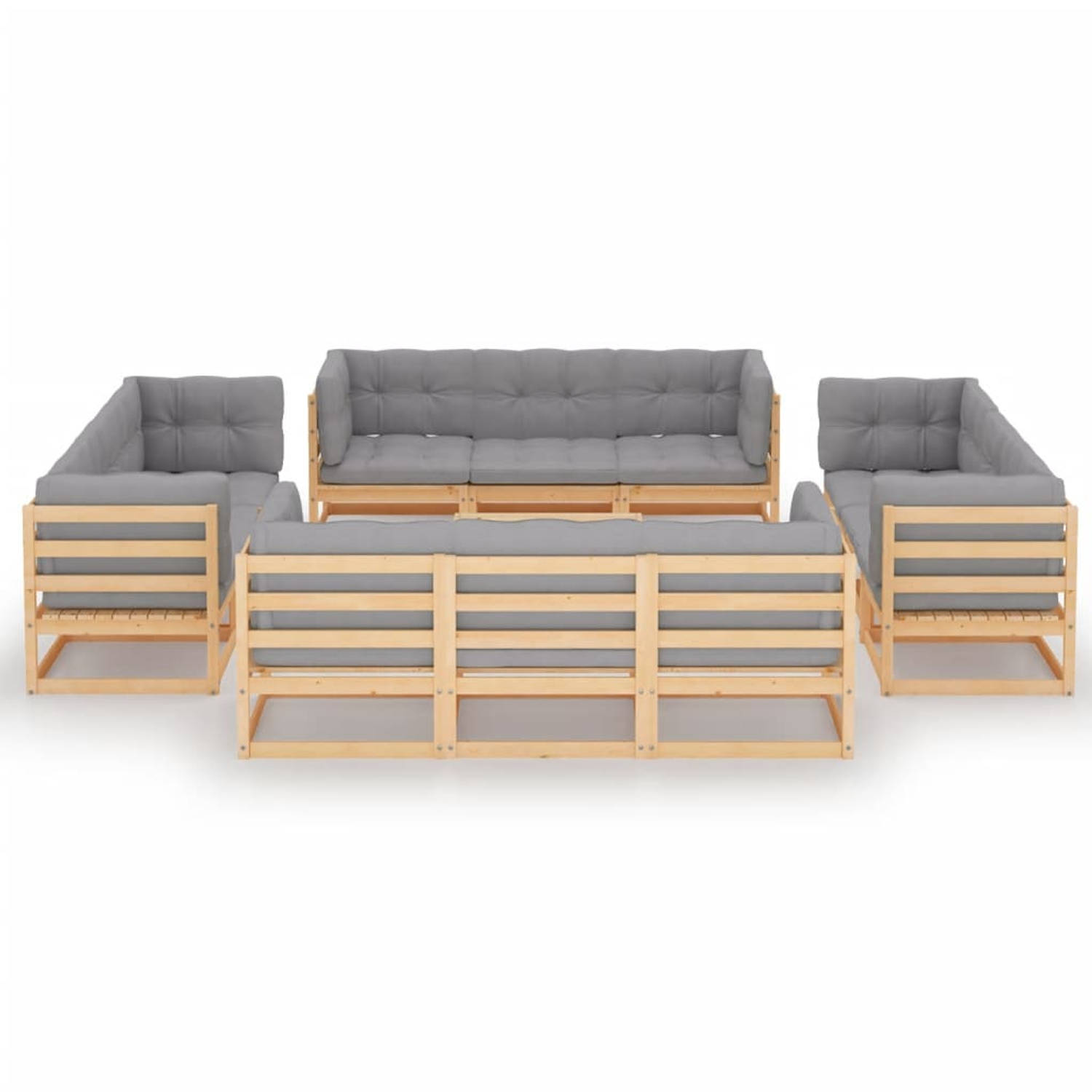 The Living Store Loungebank set - Massief grenenhout - Grijs - 70 x 70 x 67 cm - Inclusief 8 hoekbanken - 4 middenbanken - 1 tafel - 12 zitkussens - en 20 rug/zijkussens