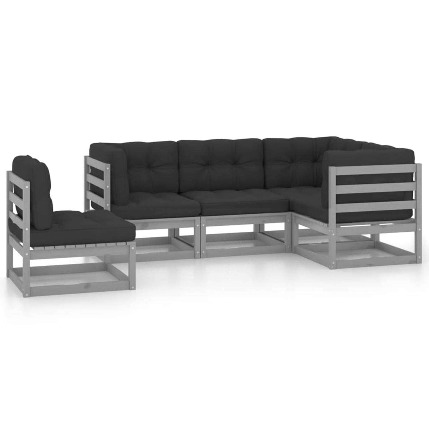 The Living Store Grenenhouten Lounge Tuinset - Grijs - 70x70x67 cm - Inclusief Kussens