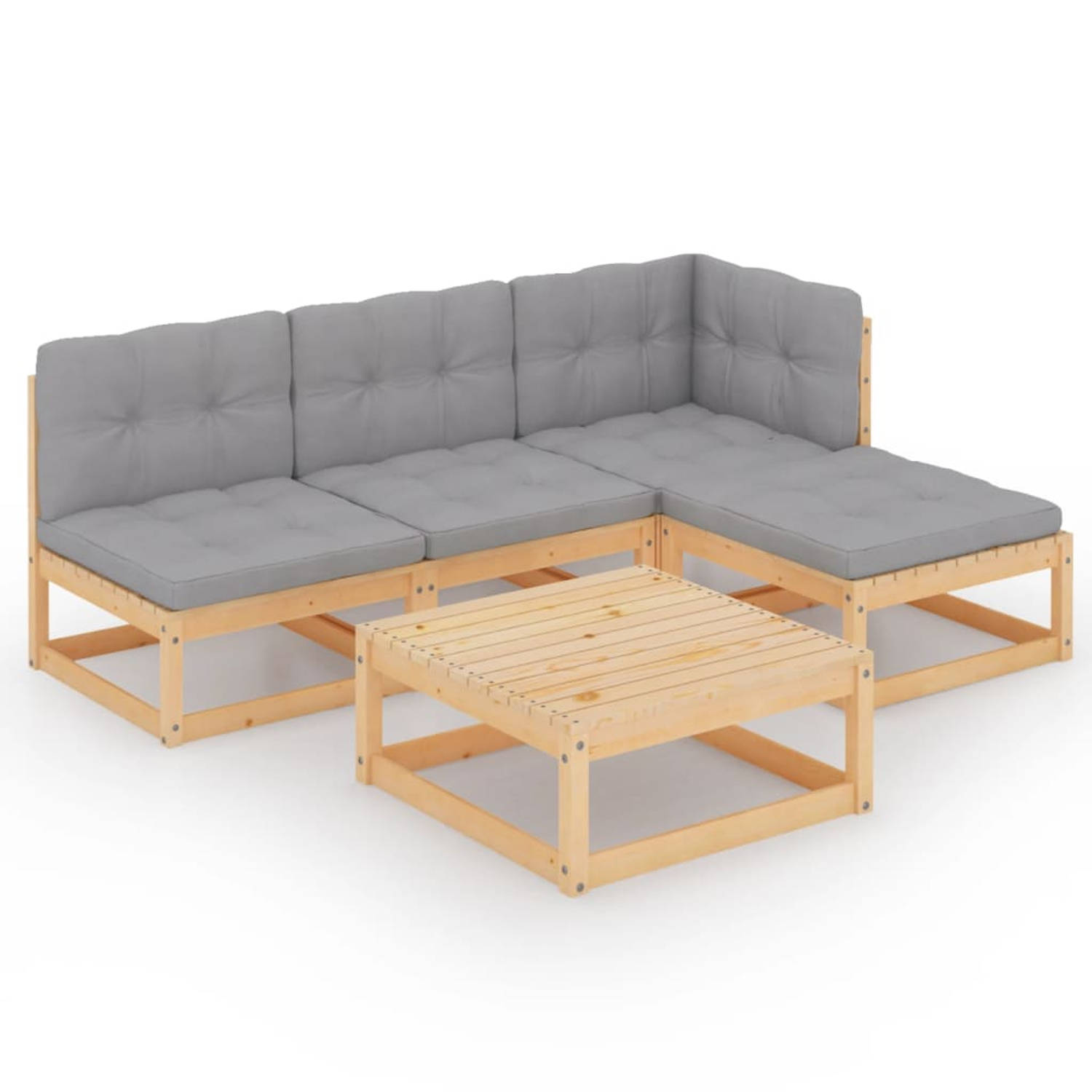 The Living Store Tuinset Grenenhout - Grijs - 2 Middenbank + 1 Hoekbank + 1 Voetenbank + 1 Tafel - Afmetingen- 70 x 70 x 67 cm / 70 x 70 x 30 cm / 70 x 70 x 8 cm / 70 x 40 x 8 cm -