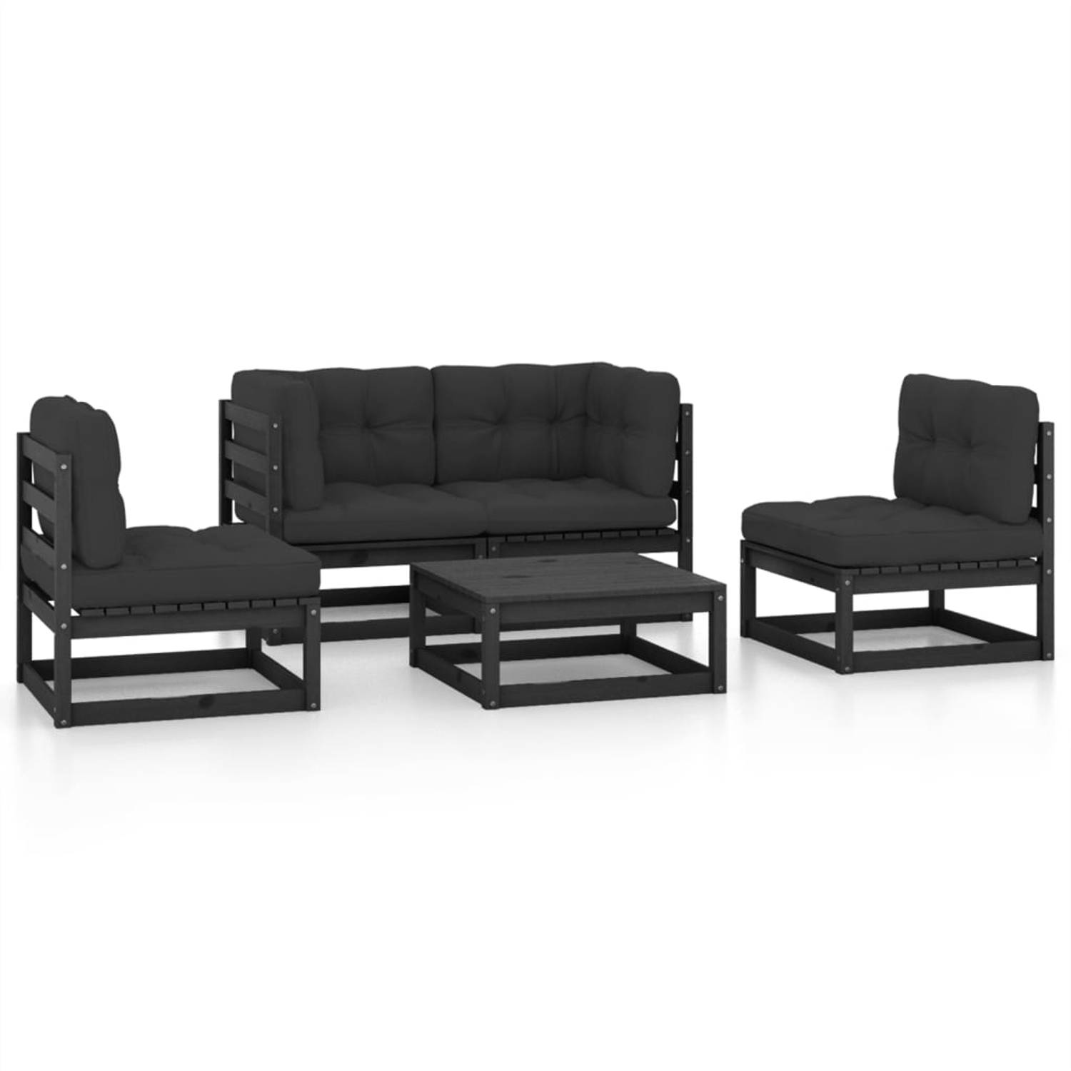 The Living Store Loungeset - - Tuinmeubelen - 70x70x67 cm - Zwart Grenenhout