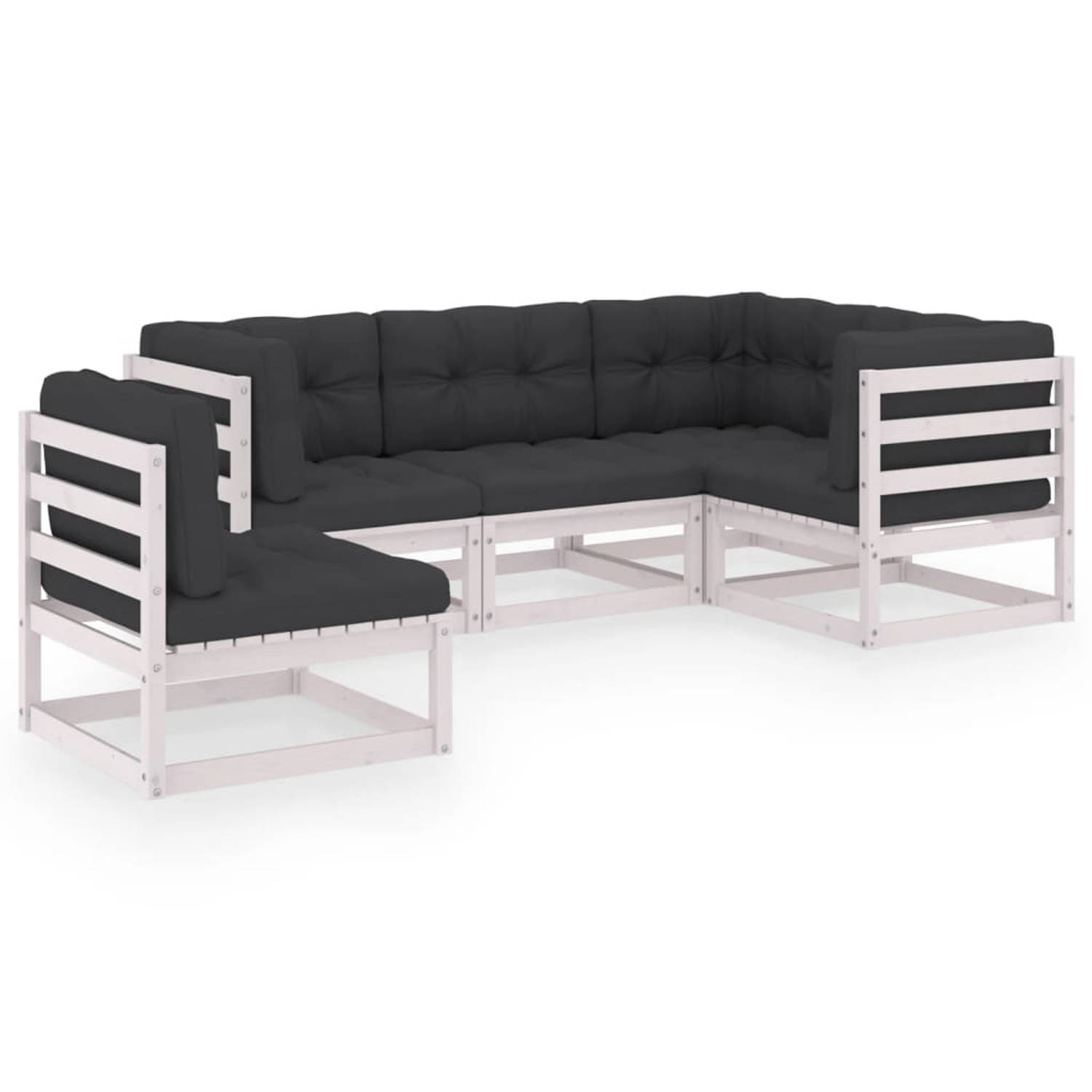 The Living Store Loungeset - Grenenhout - Wit - 70x70x67 cm - Antraciete kussens