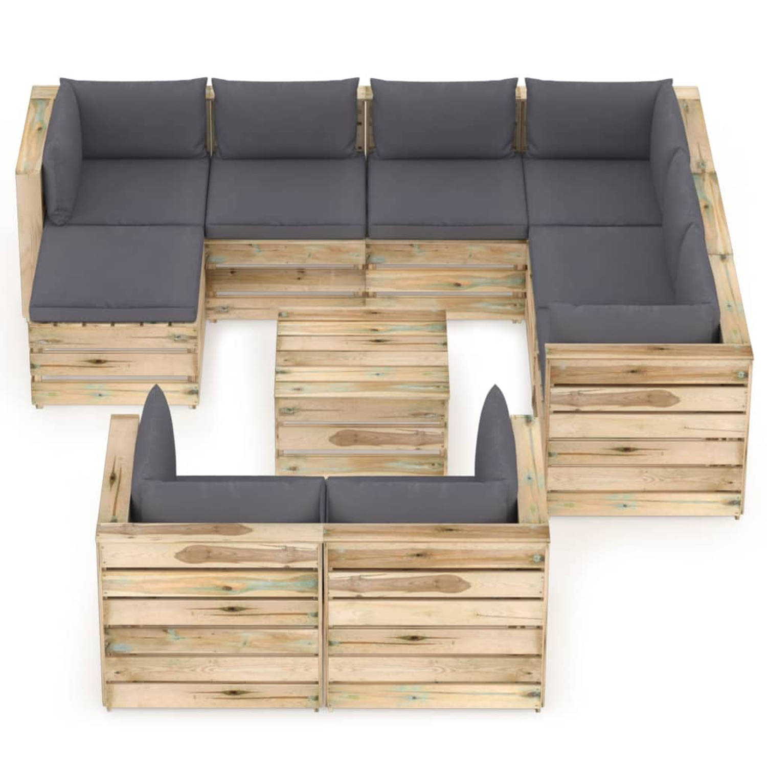 The Living Store 10-delige Loungeset met kussens groen geïmpregneerd hout - Tuinset