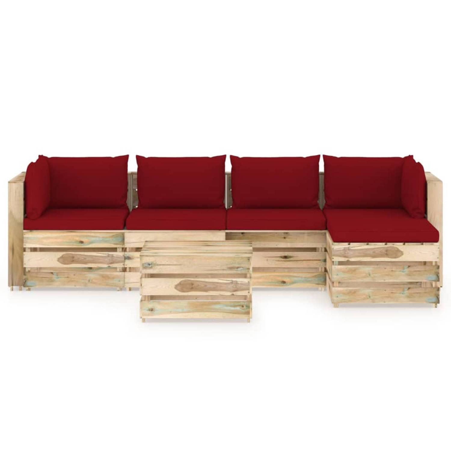 The Living Store Pallet loungeset - Grenenhout - Modulaire opstelling - Wijnrode kussens - 150x117x37 cm