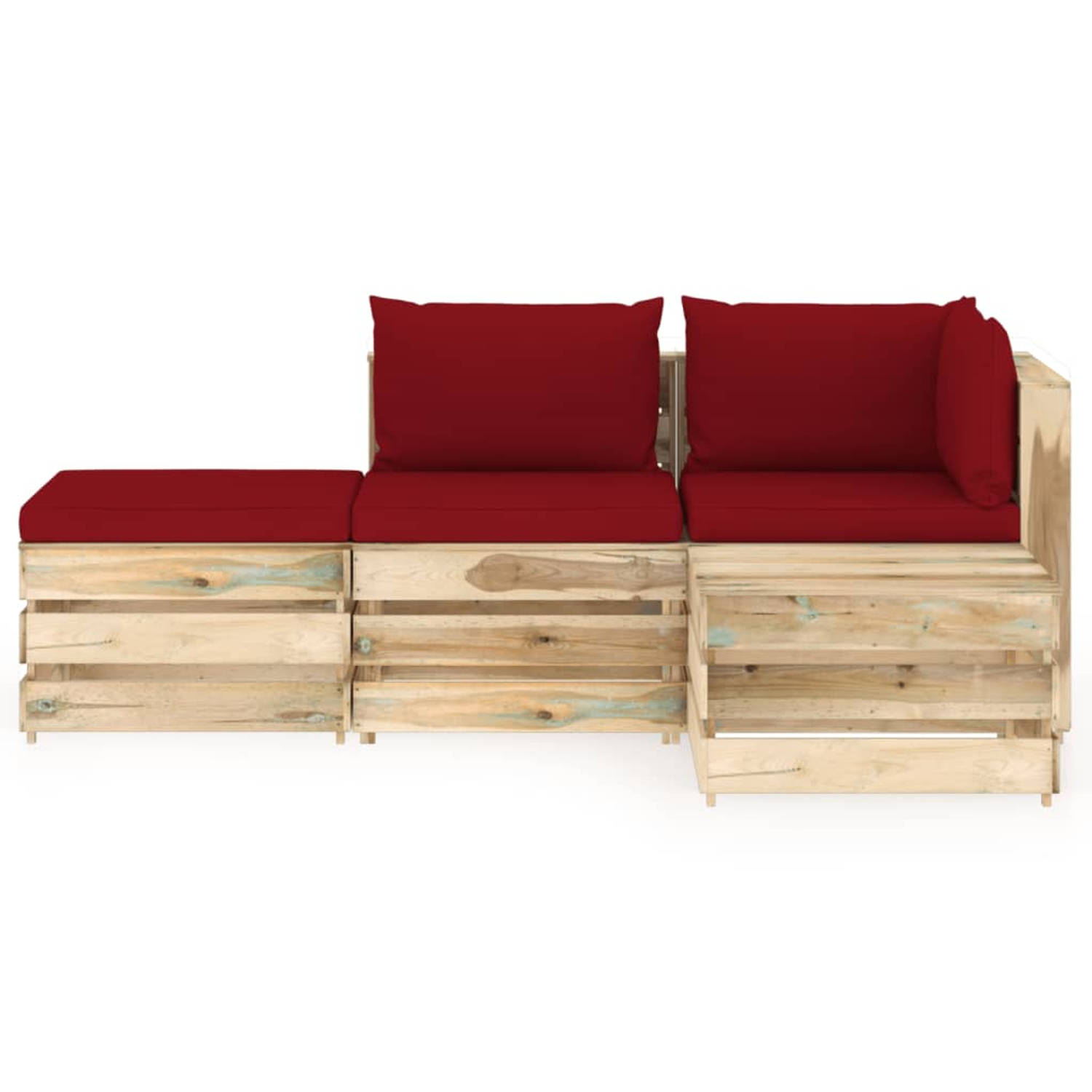 The Living Store Pallet Loungeset - Hoekbank - Middenbank - Tafel/Voetenbank - 69x70x66cm - 60x70x66cm - 60x62x37cm - Grenenhout - Wijnrode Kussens