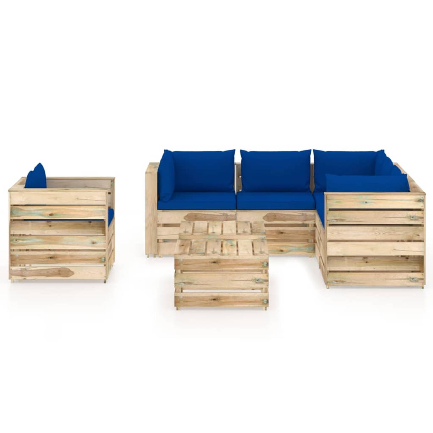 The Living Store Pallet Loungeset - Grenenhout - Blauwe kussens - Modulair design - 150x150x66 cm