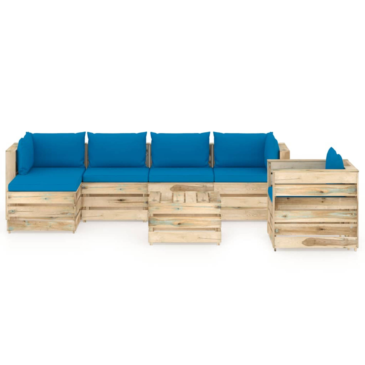 The Living Store Loungeset Pallet - Grenenhout - Lichtblauwe kussens - Modulair design - 150x70x66 cm