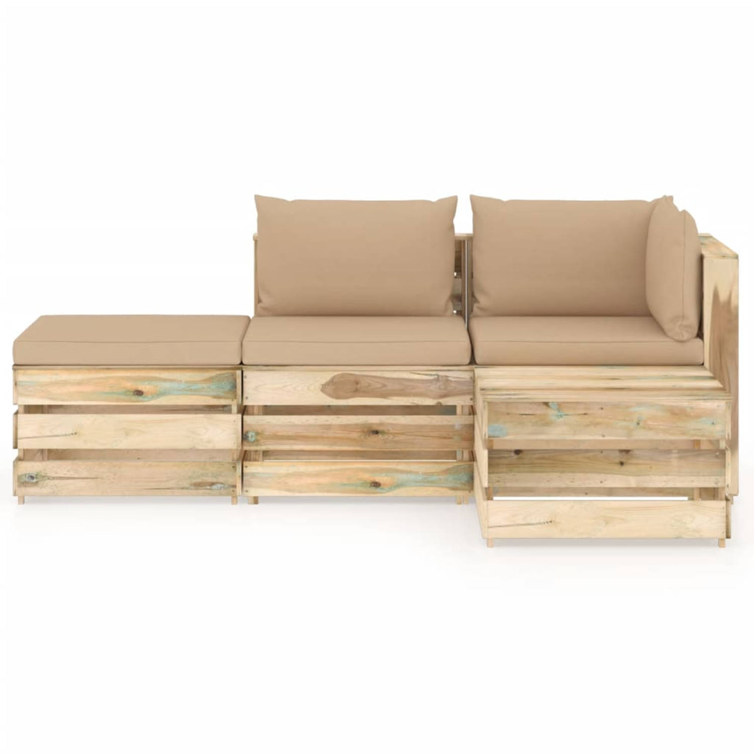 The Living Store Pallet Loungeset - Houten Tuinset - Hoekbank - Middenbank - Tafel/Voetenbank - Beige Kussen - Grenenhout - Geïmpregneerd