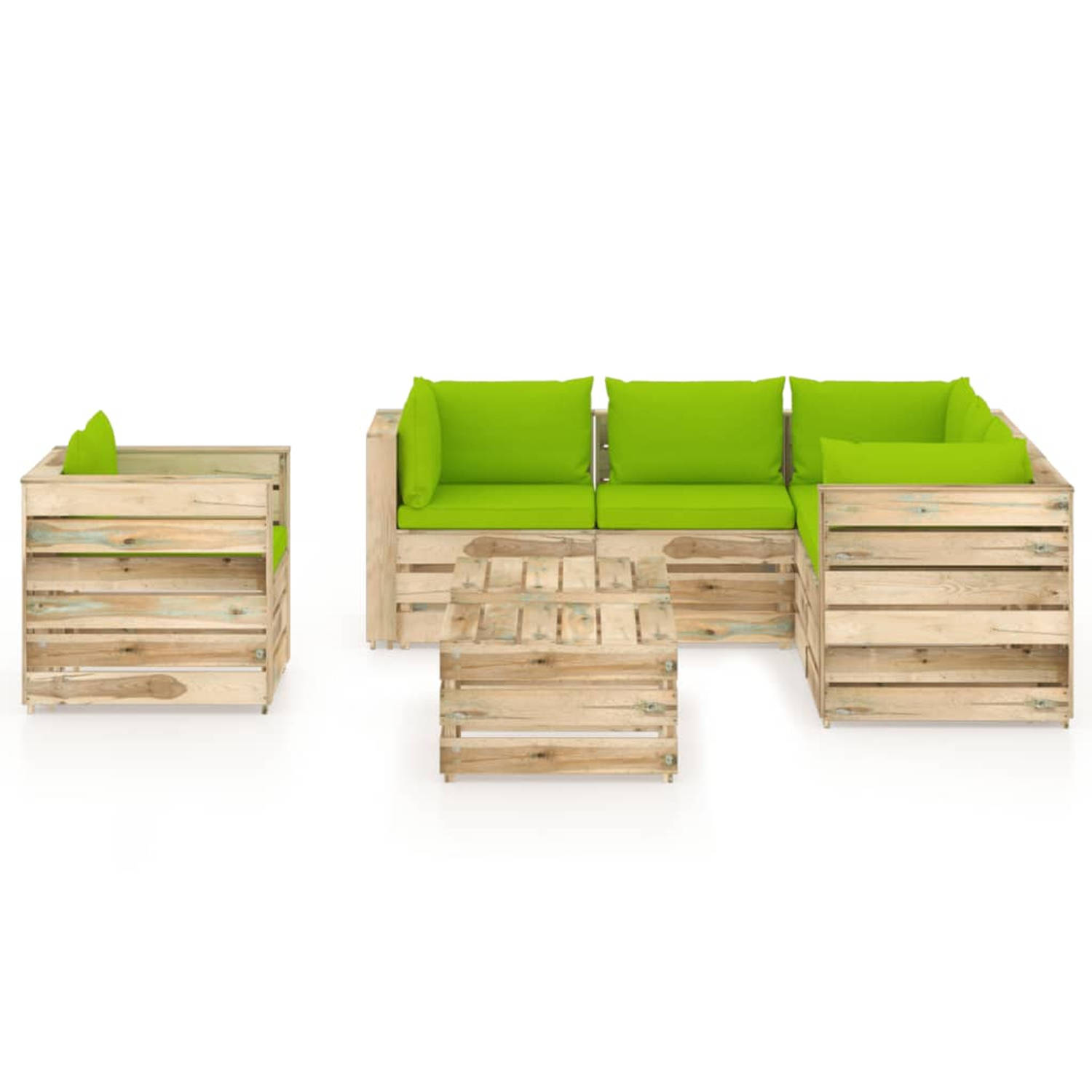 The Living Store Pallet loungeset - Grenenhouten tuinmeubelset - Modulair design - Heldergroen kussen - 69x70x66cm