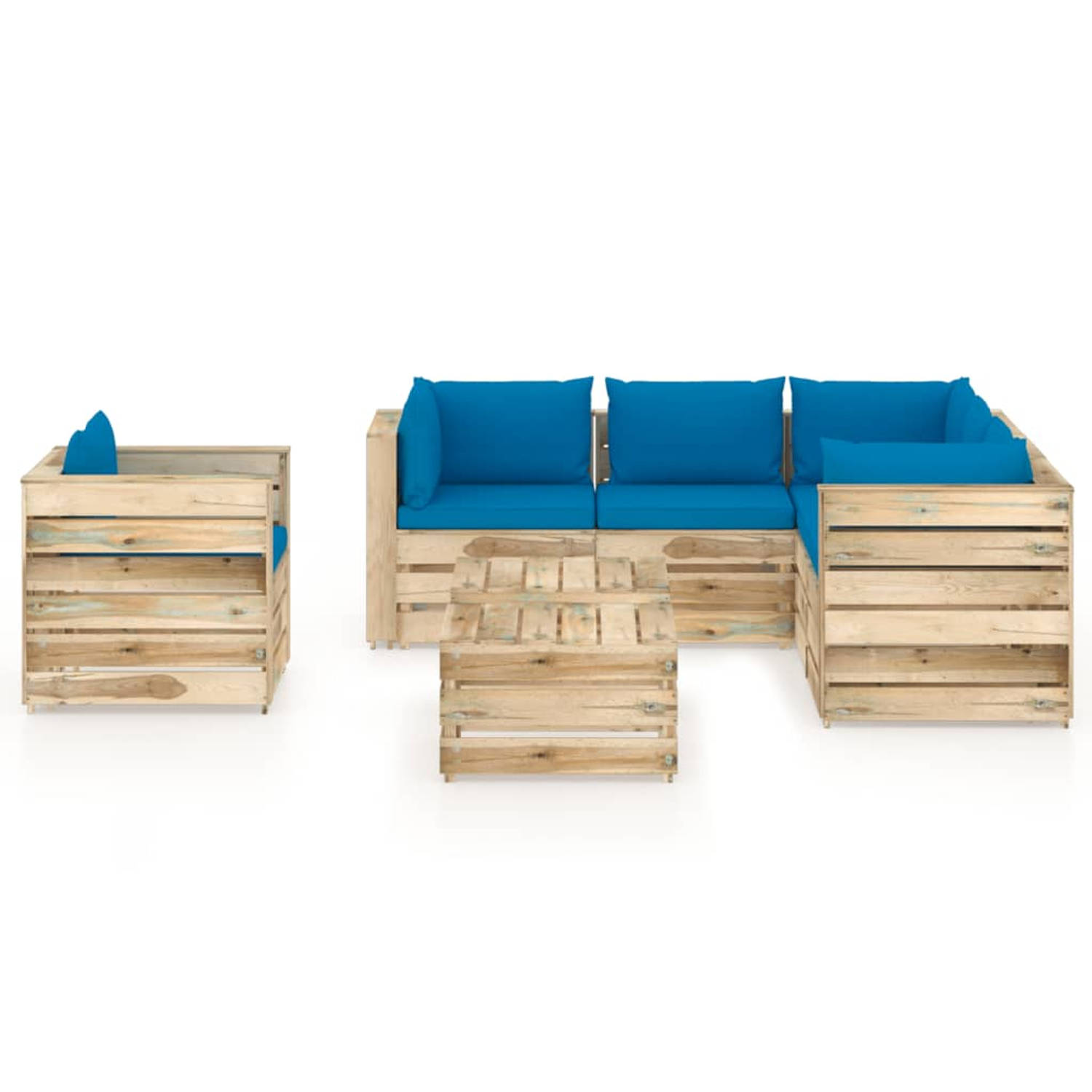 The Living Store Loungeset Pallet - Grenenhout - Modular - 6-delig - Lichtblauwe kussens