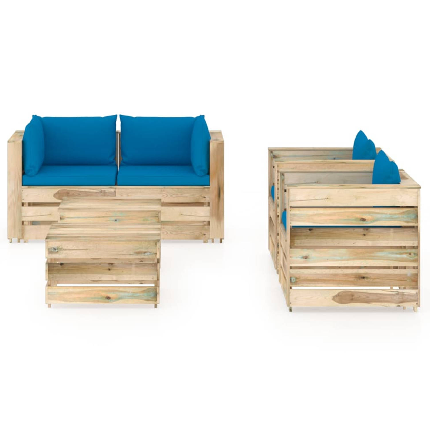 The Living Store Pallet Loungeset - Grenenhout - Hoekbank 69x70x66 cm - Tafel/voetenbank 60x62x37 cm - Eenzitsbank 77x70x66 cm - Lichtblauw kussen