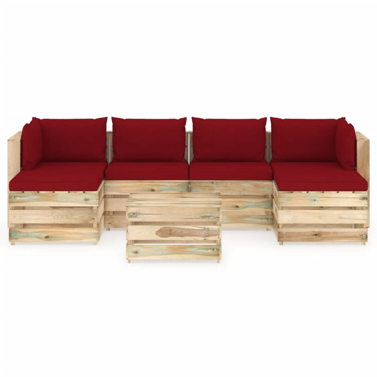 The Living Store Pallet Lounge Set - Grenenhout - Modulair Design - 69 x 70 x 66 cm - Wijnrode Kussens
