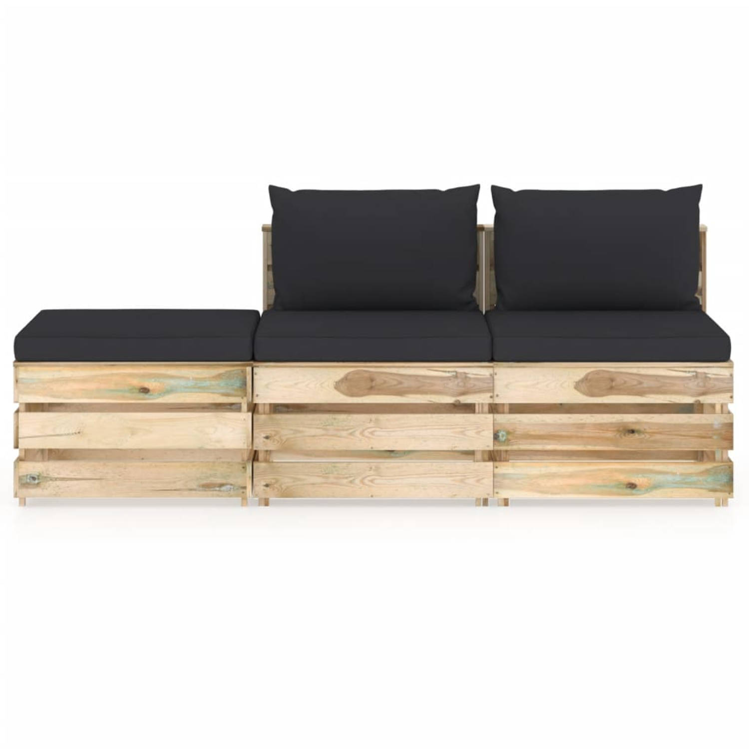 The Living Store Pallet Loungeset - Grenenhout - Middenbank 60x70x66 cm - Tafel/Voetenbank 60x62x37 cm - Zwart kussen