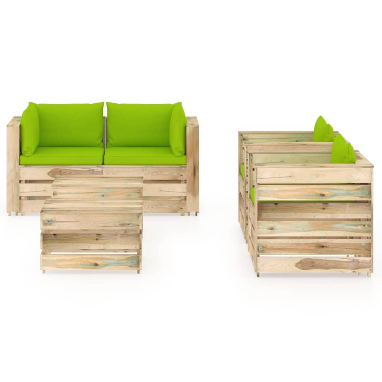 The Living Store Pallet Loungeset - Houten Tuinmeubelset - Gemaakt van Grenenhout - Inclusief Kussens - Modulair Design - Kleur Kussen- Helder Groen - Afmetingen- Hoekbank- 69x70x6