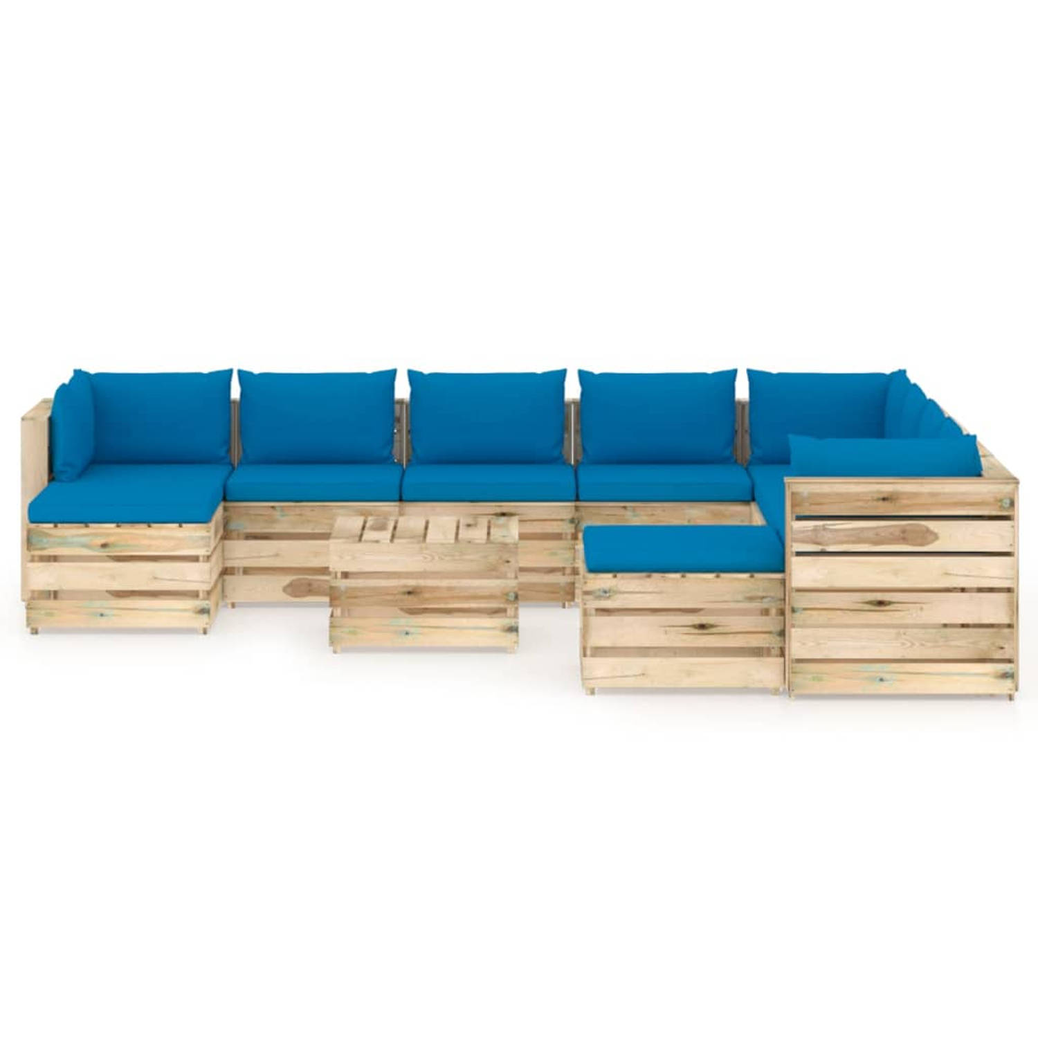 The Living Store Pallet Loungeset meubelset - 5 x middenbank - 3 x hoekbank - 3 x tafel/voetenbank - lichtblauw kussen - grenenhout - groen geïmpregneerd - 69 x 70 x 66 cm (B x D x