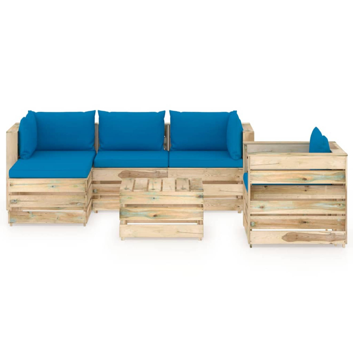 The Living Store Pallet Loungeset - Grenenhout - Lichtblauw Kussen - Modulair Design - 8-Delige Set