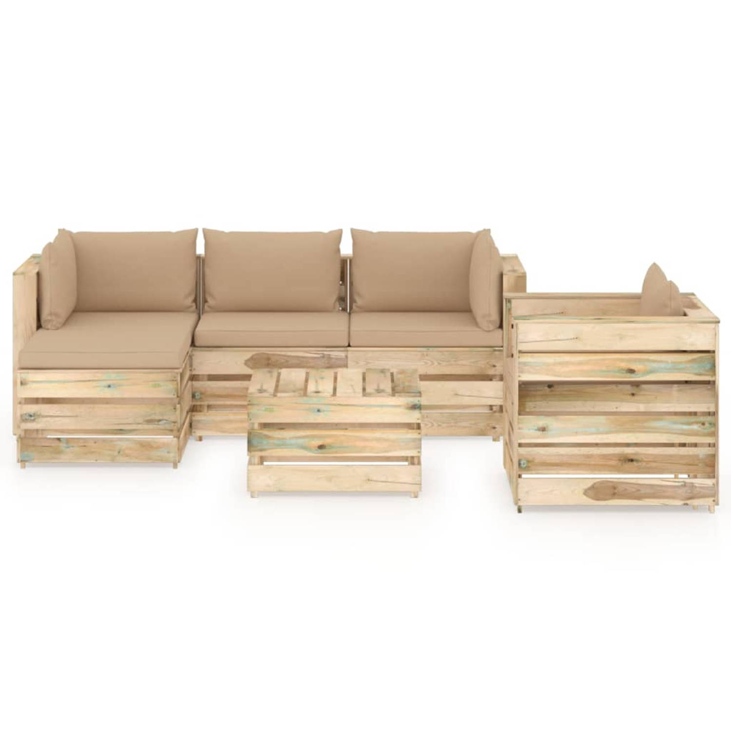 The Living Store Pallet Loungeset - Grenenhout - Beige kussen - Modulair - 6 cm zitkussen - 13 cm rug/zijkussen