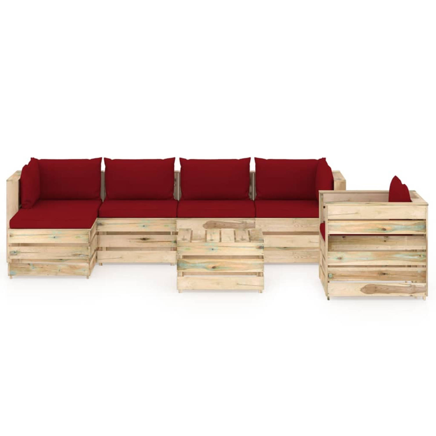 The Living Store Pallet Loungeset - Grenenhout - Modulair Design - 69 x 70 x 66 cm - Wijnrood Kussen