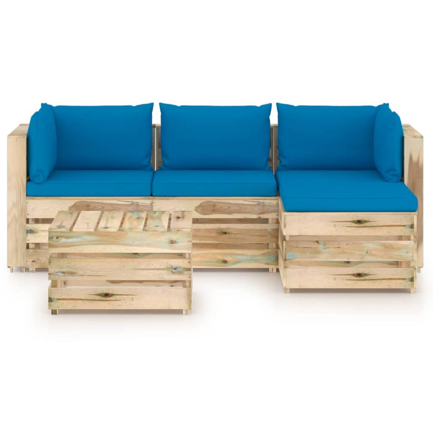 The Living Store Pallet Loungeset - Grenenhout - 69x70x66 cm - Lichtblauwe kussens