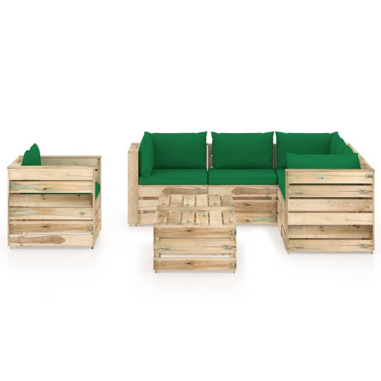 The Living Store Pallet Loungeset - Grenenhout - Groen - 2x middenbank 3x hoekbank 2x tafel/voetenbank 1x eenzitsbank - 6x zitkussen 9x rug/zijkussen - Afmetingen 69x70x66 cm - Kle