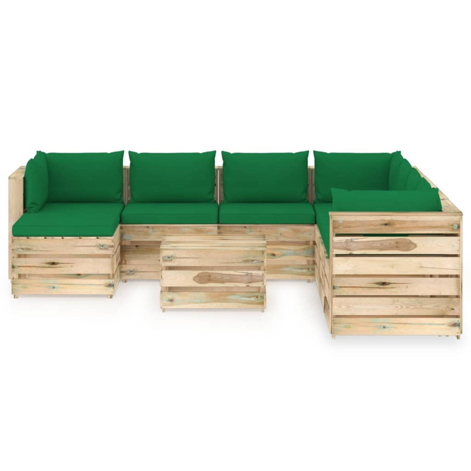 The Living Store Pallet Loungeset - grenenhout - groen - hoekbank- 69x70x66 cm - middenbank- 60x70x66 cm - tafel/voetenbank- 60x62x37 cm