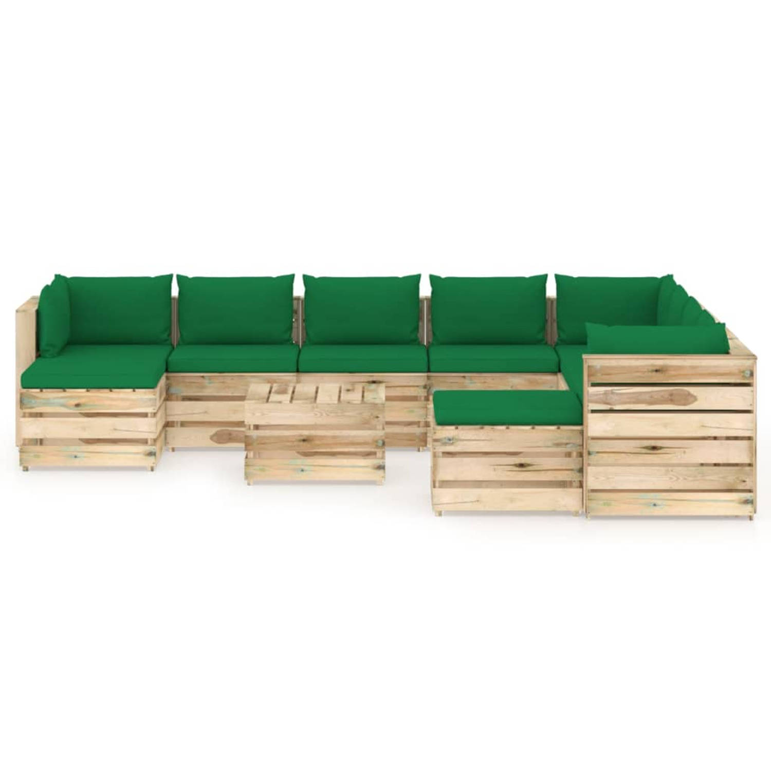 The Living Store 11-delige Loungeset met kussens groen geïmpregneerd hout - Tuinset