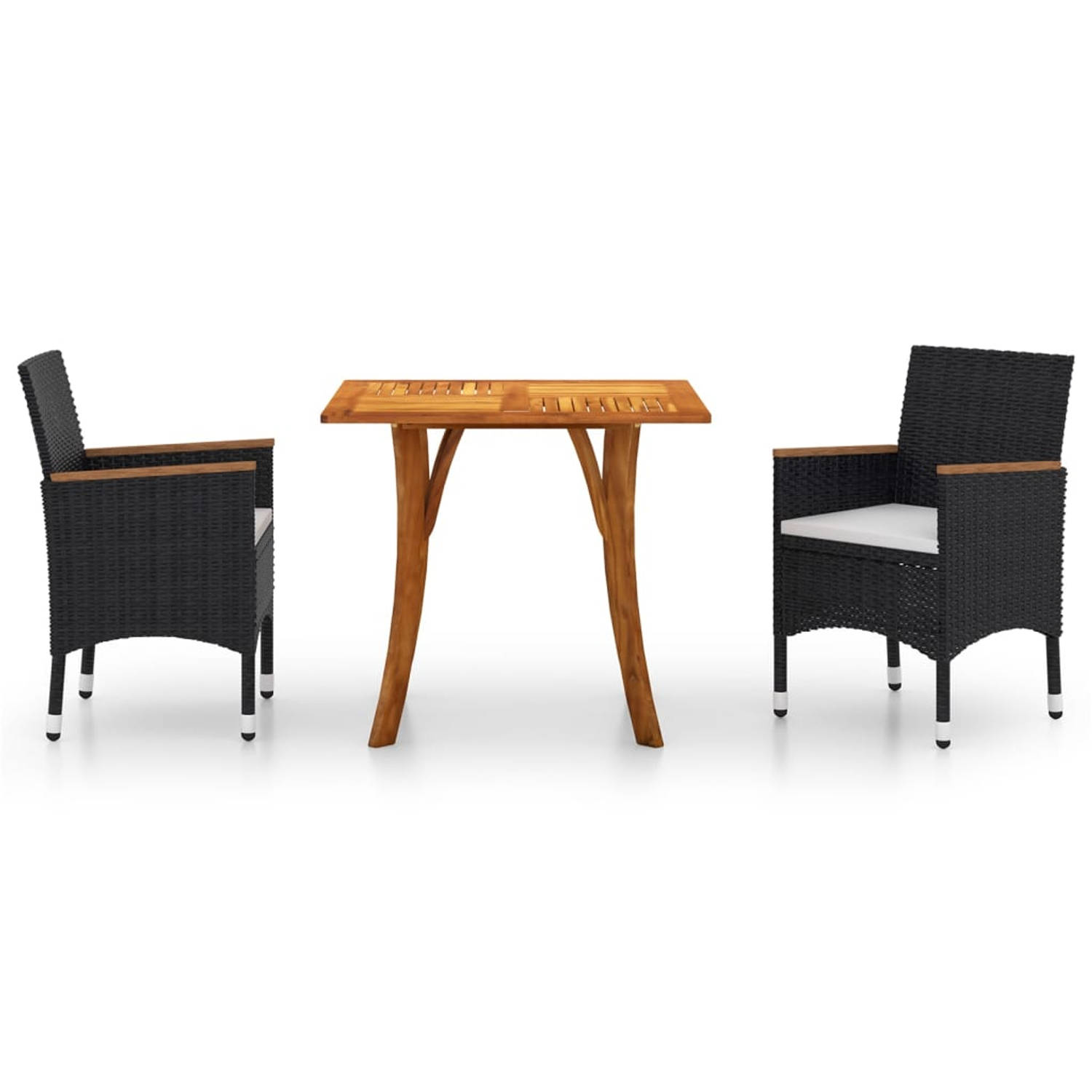 The Living Store Tuinset - Acaciahout - Zwart - Stalen frame - Weerbestendig - 85x85x75 cm - Zwart PE-rattan - 52x57x84 cm - Montage vereist - Inclusief tafel - 2 stoelen - 2 zitku