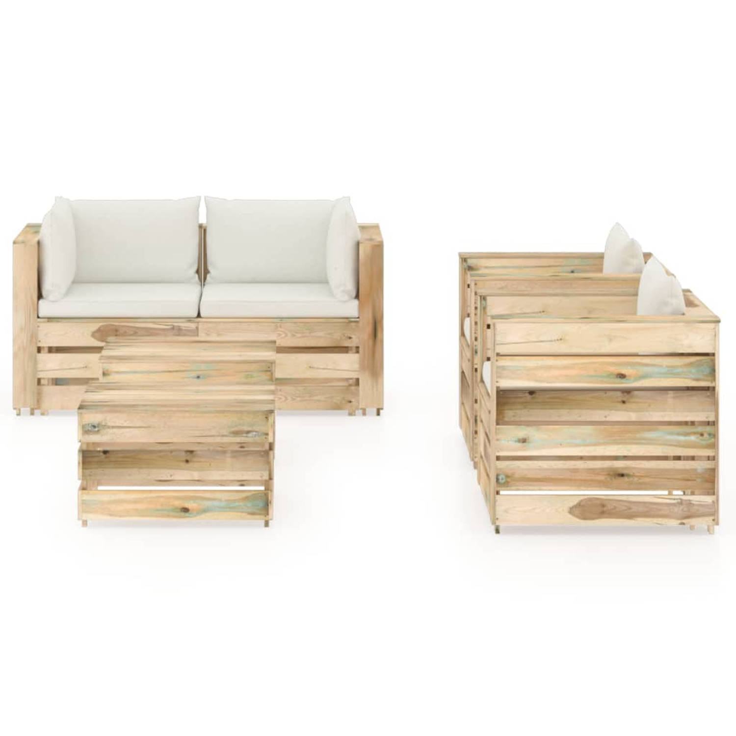 The Living Store Loungeset Pallet - 69x70x66cm - Grenenhout - Crèmewit kussen