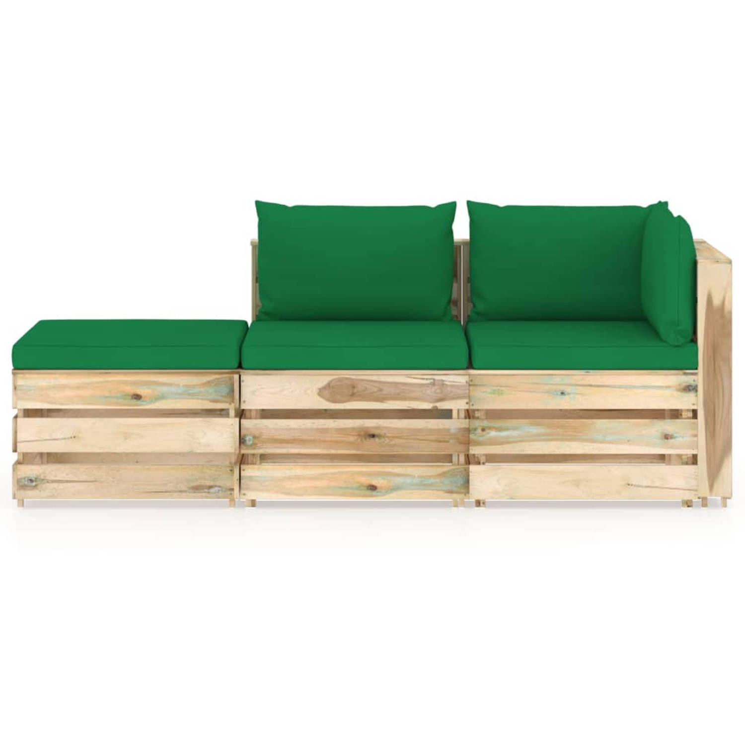 The Living Store Pallet Loungeset - Hoekbank - Middenbank - Tafel/Voetenbank - Groen Kussen - Grenenhout - Geïmpregneerd - 69 x 70 x 66 cm - 100% Polyester