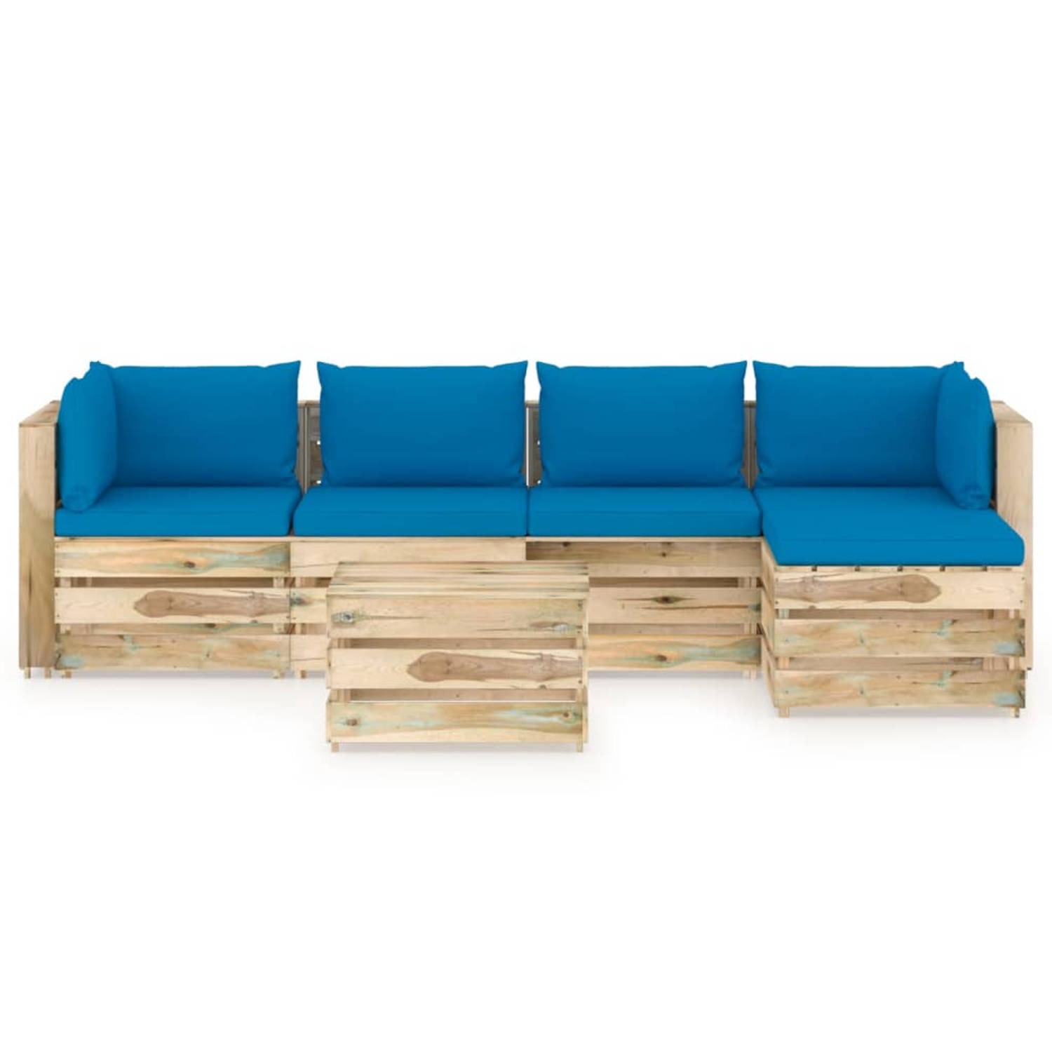 The Living Store Pallet Loungeset - Grenenhout - Modulair - 69 x 70 x 66 cm - Lichtblauwe kussens