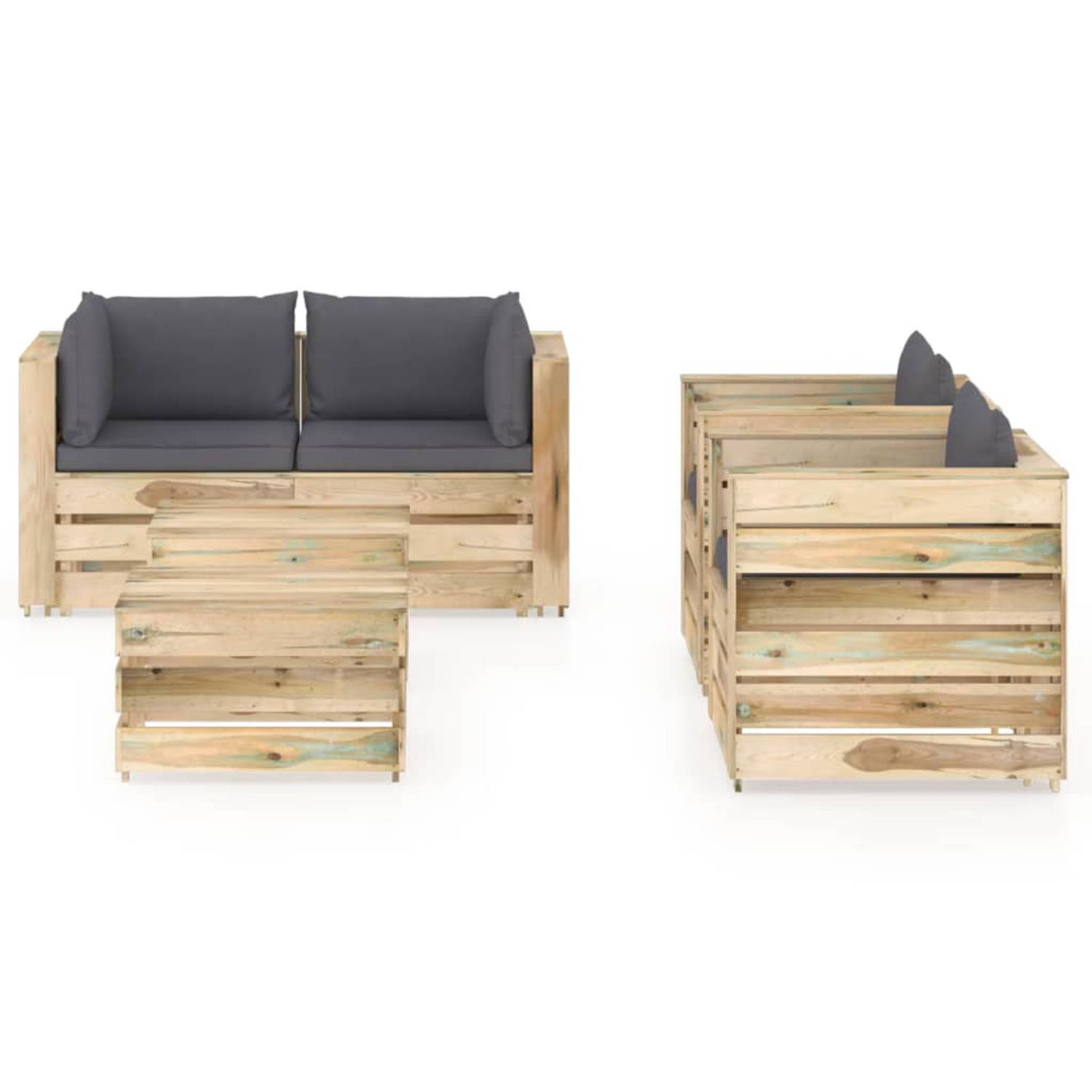 The Living Store Pallet Loungeset - Grenenhout - 6-delig - Antraciet kussen - Inclusief kussens