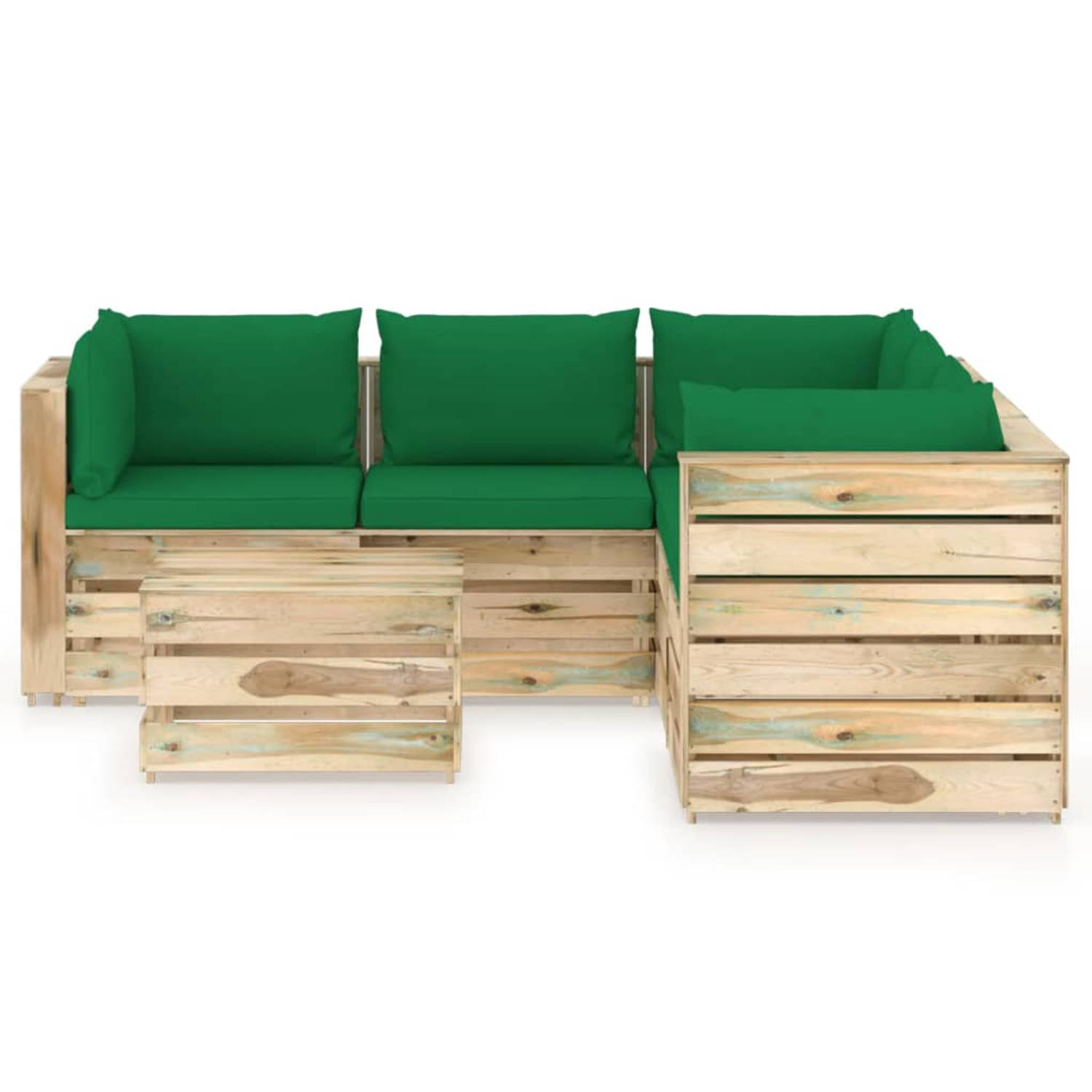 The Living Store Pallet Loungeset - Hoekbank - Middenbank - Tafel/Voetenbank - 69x70x66 cm - Groen Kussen - Grenenhout