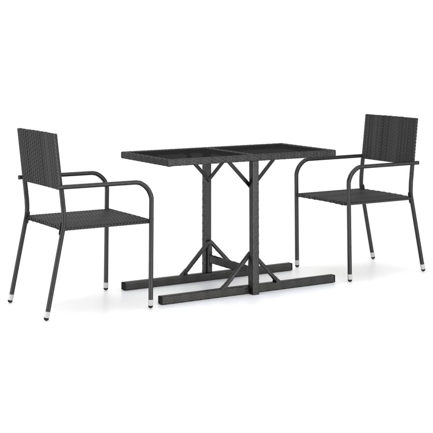 The Living Store Tuintafel en Stoelen - Poly rattan/Gepoedercoat staal/Glas - 110x53x72 cm/51x60x87 cm - Zwart