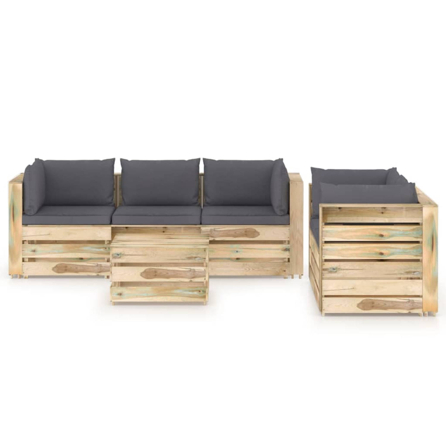 The Living Store 6-delige Loungeset met kussens groen geïmpregneerd hout - Tuinset