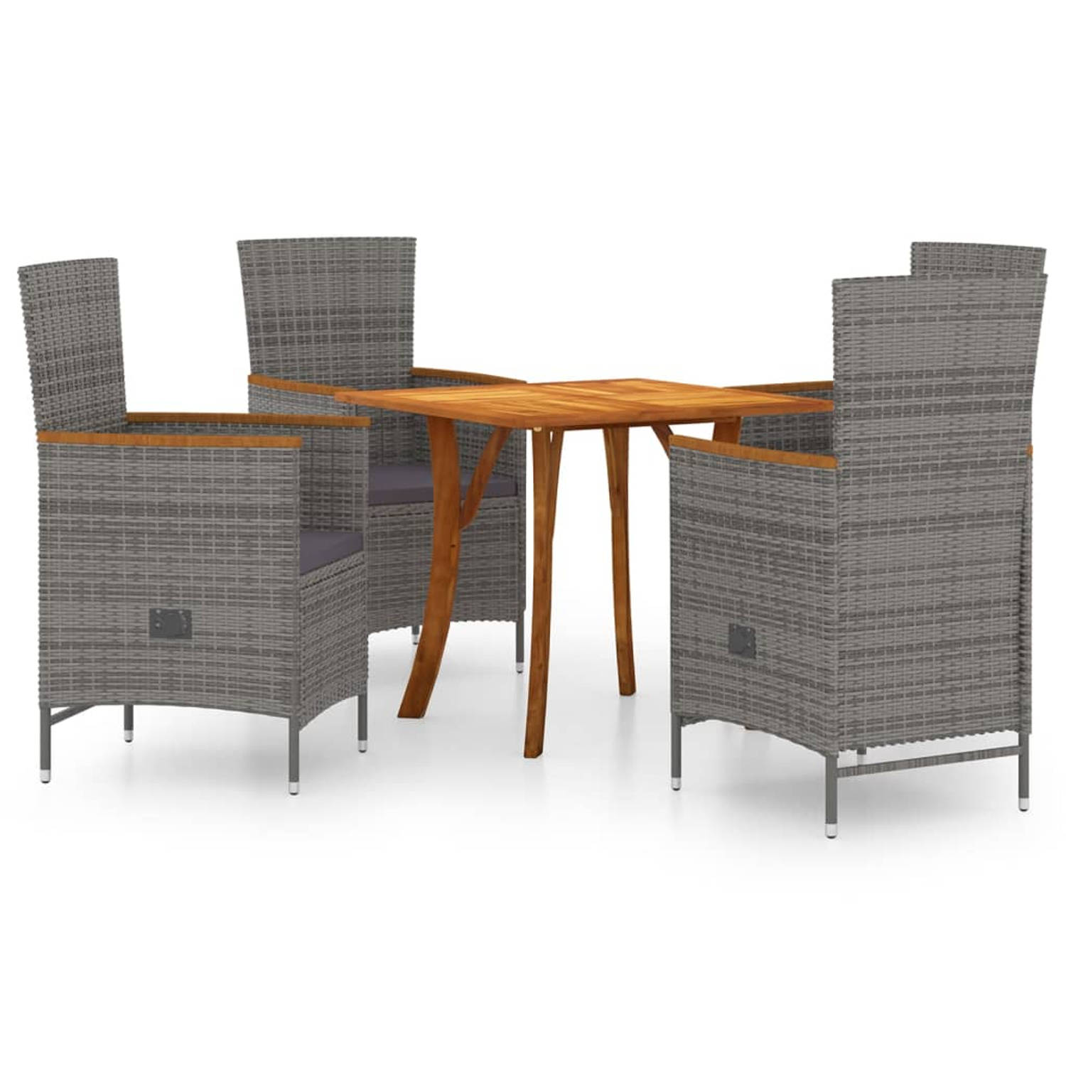 The Living Store Tuinset - Acaciahouten tafel 85x85x75 cm - Poly rattan stoelen - Grijs