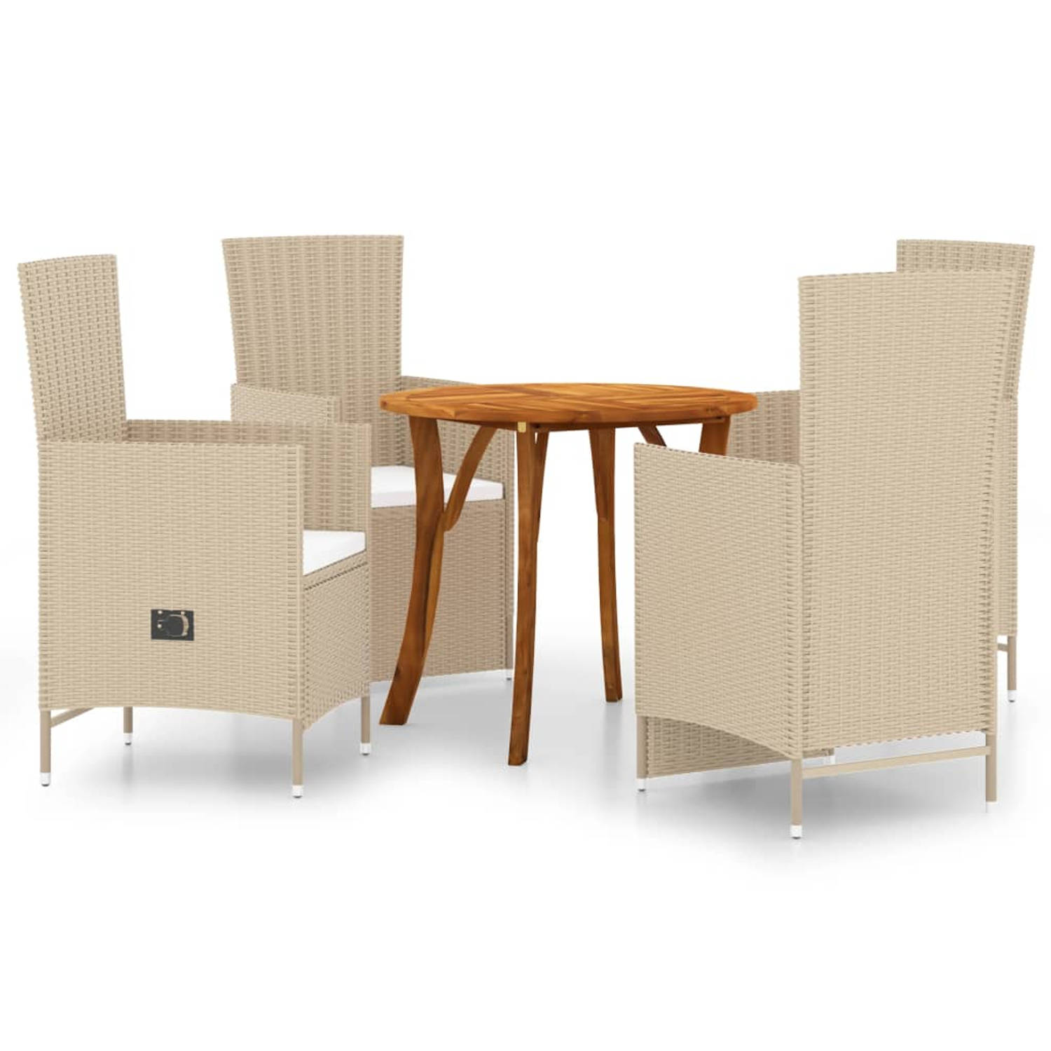 The Living Store Tuinset - Acaciahouten tafel 85x75 cm - Beige rieten stoelen - Verstelbaar - Incl - kussens