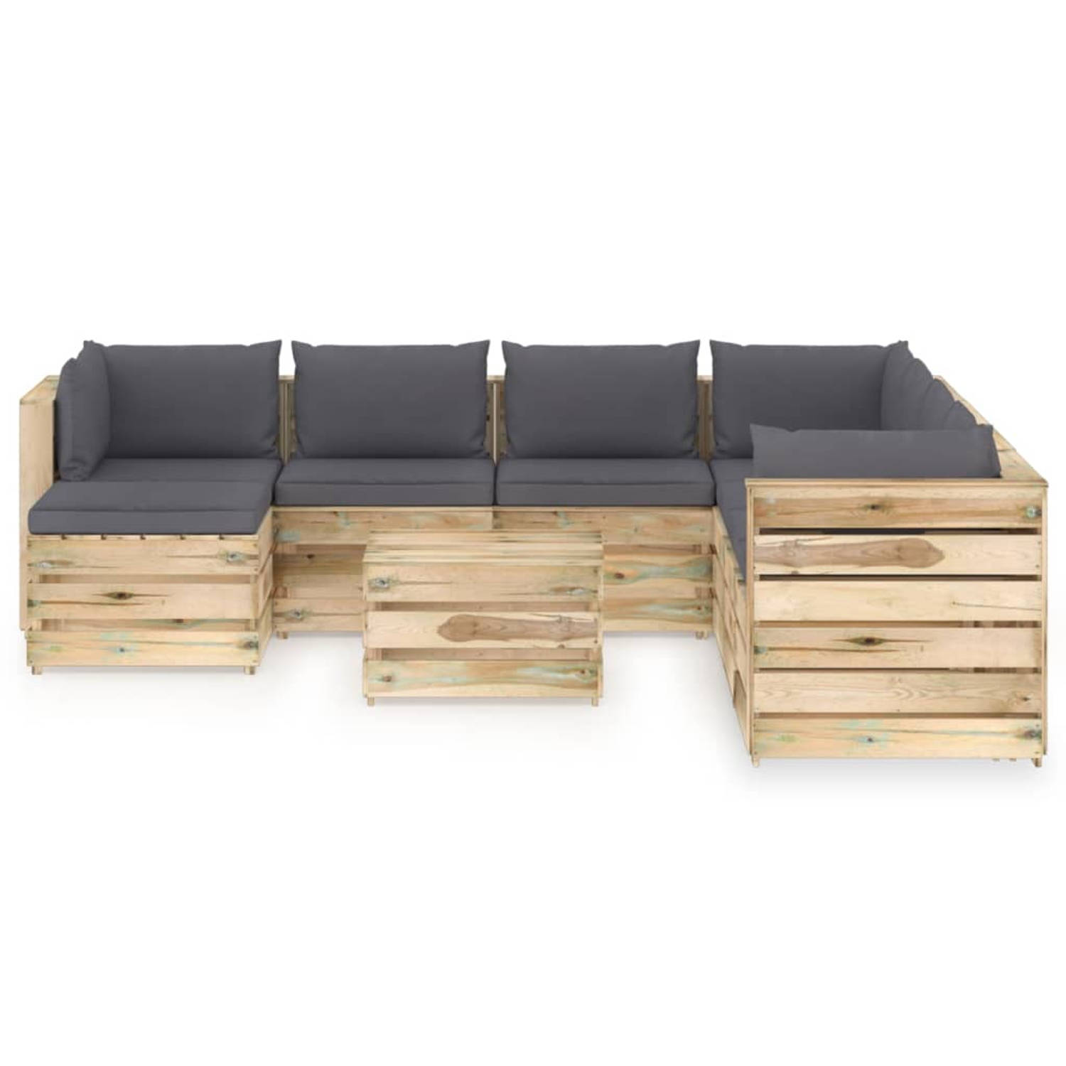 The Living Store Loungeset Pallet - Grenenhout - 69 x 70 x 66 cm - Antraciet kussen - Montage vereist - 4 middenbank - 3 hoekbank - 2 tafel/voetenbank - 8 zitkussen - 10 rug/zijkus