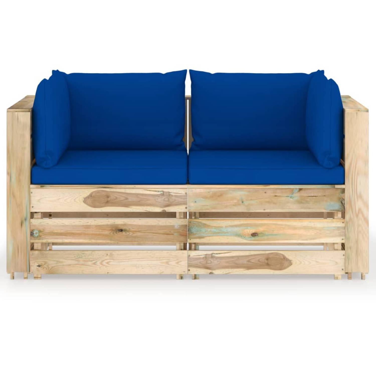 The Living Store Palletbank - Geïmpregneerd grenenhout - 69 x 70 x 66 cm - blauwe kussens