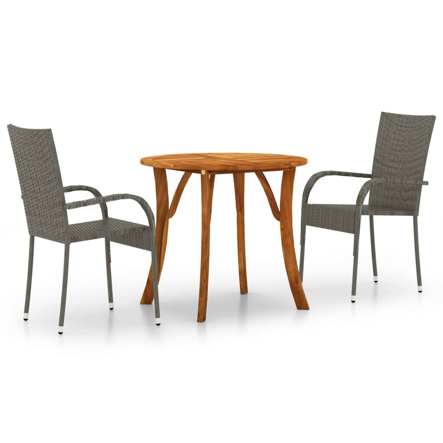 The Living Store Tuinset Acaciahout Grijs - 85x75 cm tafel en 2x gestapelde stoelen