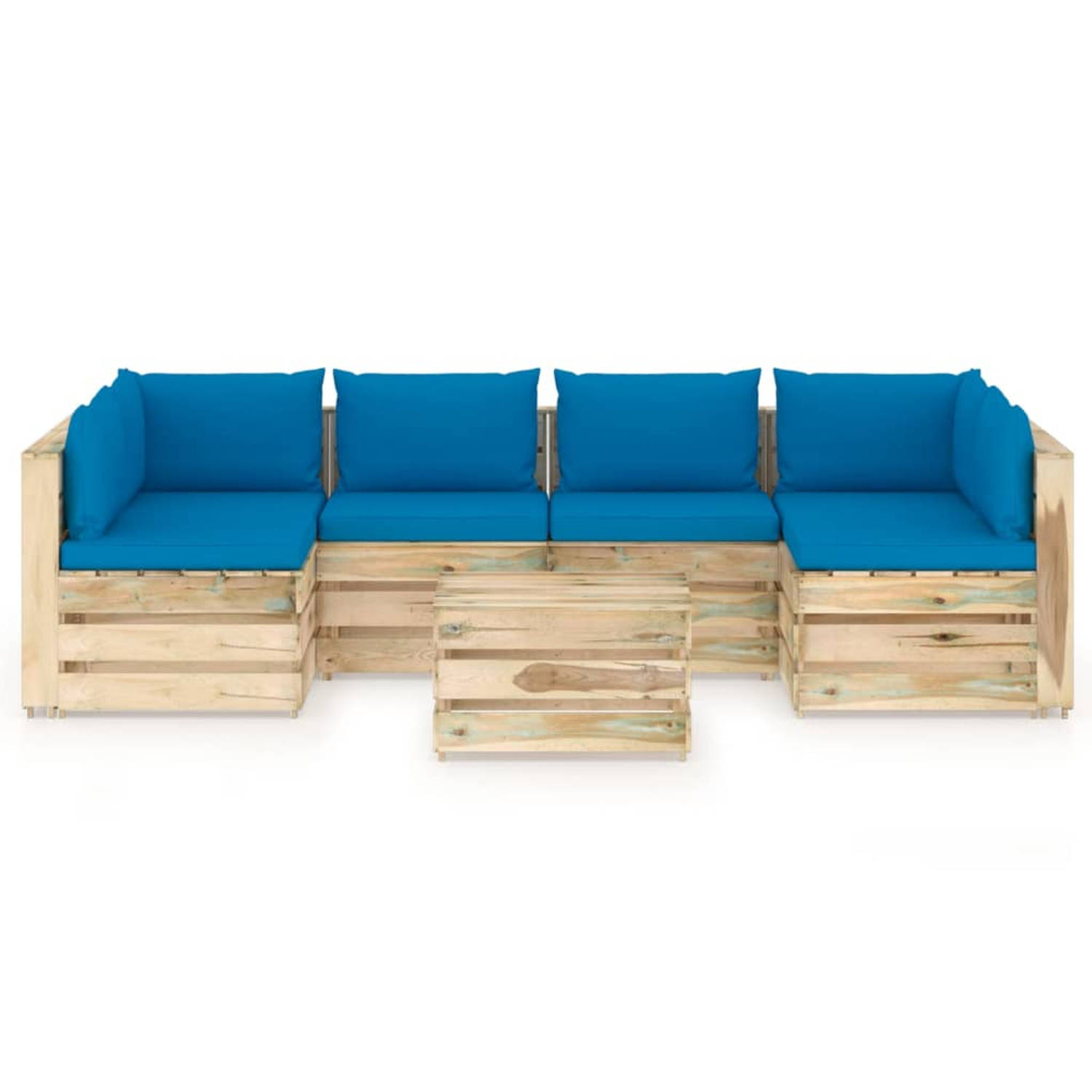 The Living Store Pallet Loungeset - grenenhout - lichtblauwe kussens - modulair